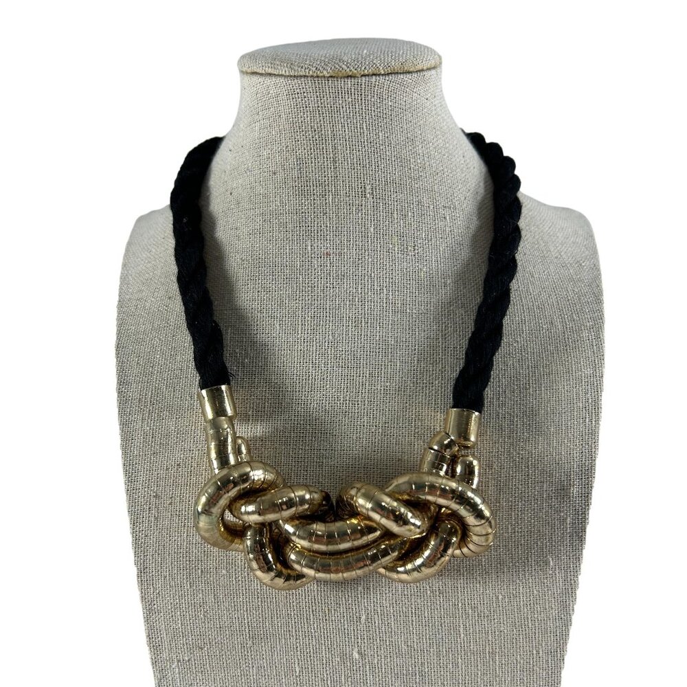 Sfera Knotted Twisted Rope Necklace Gold Tone Black Unique Statement 15-18"